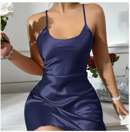Summer Nightgowns Women's Ice Silk Satin Nightdress Sleepwear Elegant Cross-Back Solid Color Short Mini Dress Loungewear
