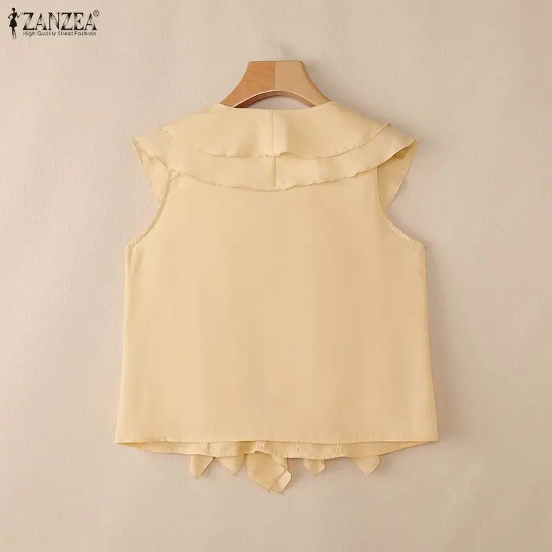 ZANZEA Summer Sleeveless Women Blouses Ruffles Tops Fashion Solid Color Tee OL Work Party Blusas Tunic Streetwear Oversize S-3XL