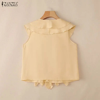 ZANZEA Summer Sleeveless Women Blouses Ruffles Tops Fashion Solid Color Tee OL Work Party Blusas Tunic Streetwear Oversize S-3XL