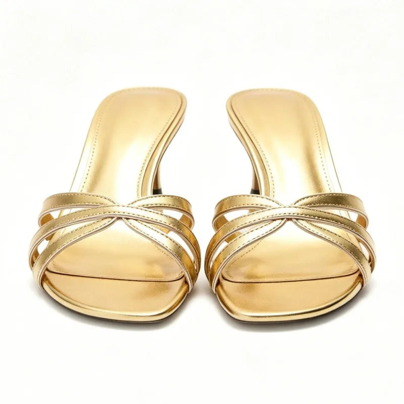 Elegant Kitten Heel Gold Women's Slippers Sexy Open-Toe Slide Sandals for Ladies Street Style Summer Comfortable Beach Sandals