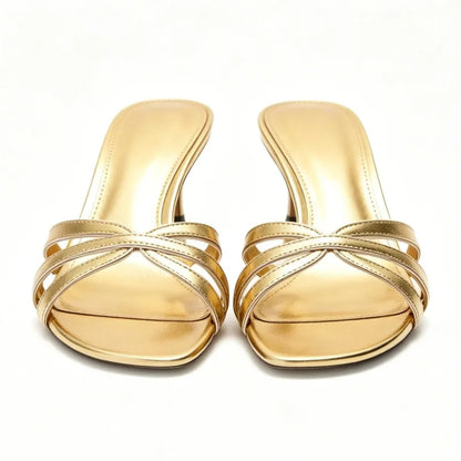Elegant Kitten Heel Gold Women's Slippers Sexy Open-Toe Slide Sandals for Ladies Street Style Summer Comfortable Beach Sandals
