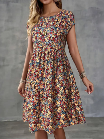 Women's Summer Floral Print Short-Sleeved Round Neck Dress, Casual Loose Vacation Style Dress
