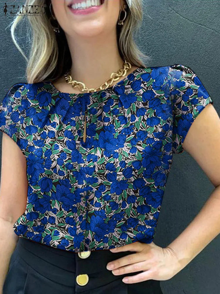 ZANZEA Bohemian Floral Printed Blouse Summer Casual Pleated Design Tops Woman Elegant Short Sleeve Shirt Female Holiday Blusas