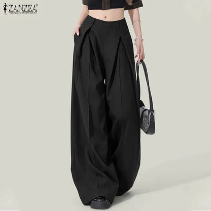2026 ZANZEA Summer Causal Elastic Waist Baggy Trousers Fashion Women Loose Wide Leg Pants Elegant Solid OL Work Pantalon Street