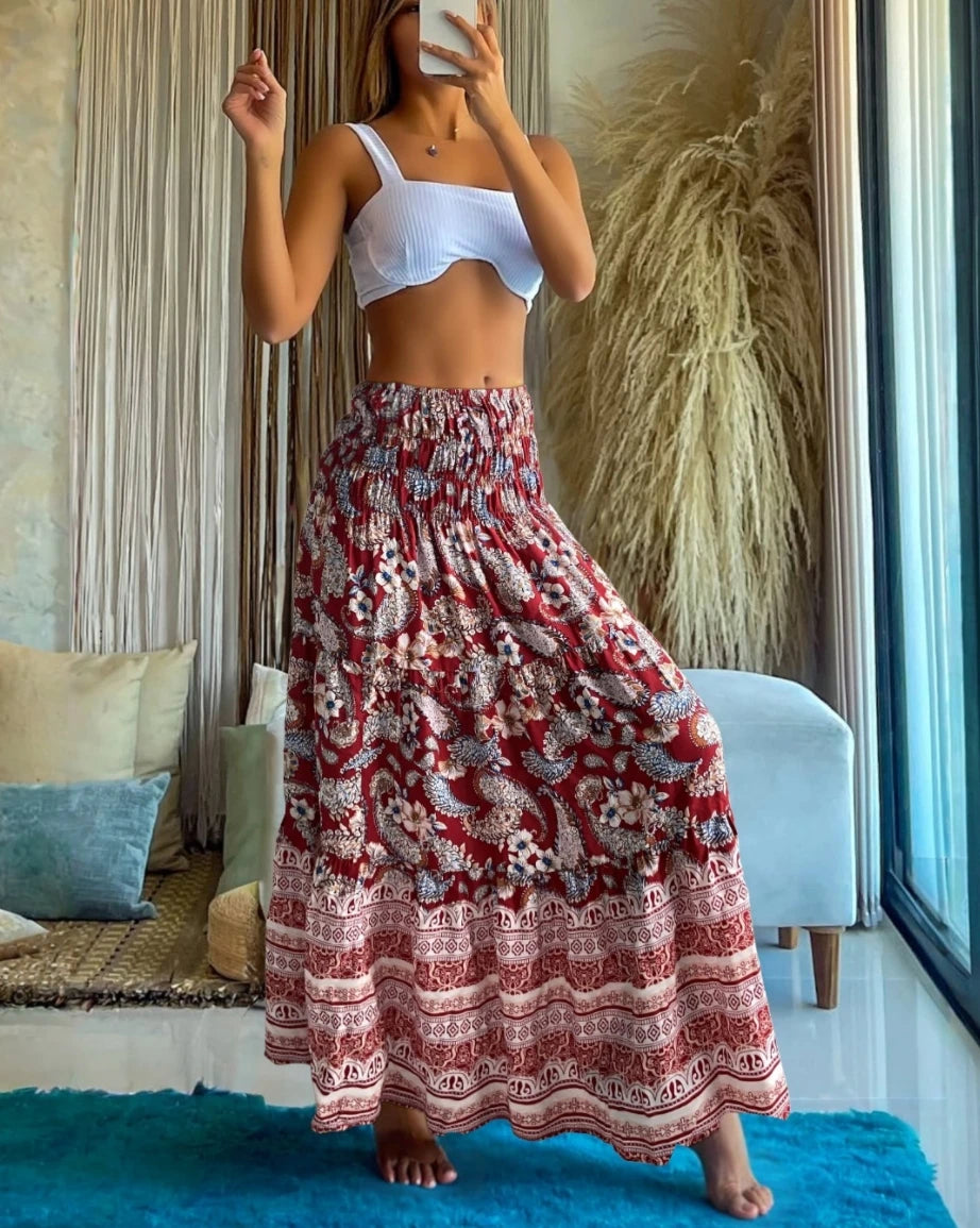 Womens Boho Floral Print Tiered Maxi Skirt High Waist Smocked Beach Long Skirt for Summer