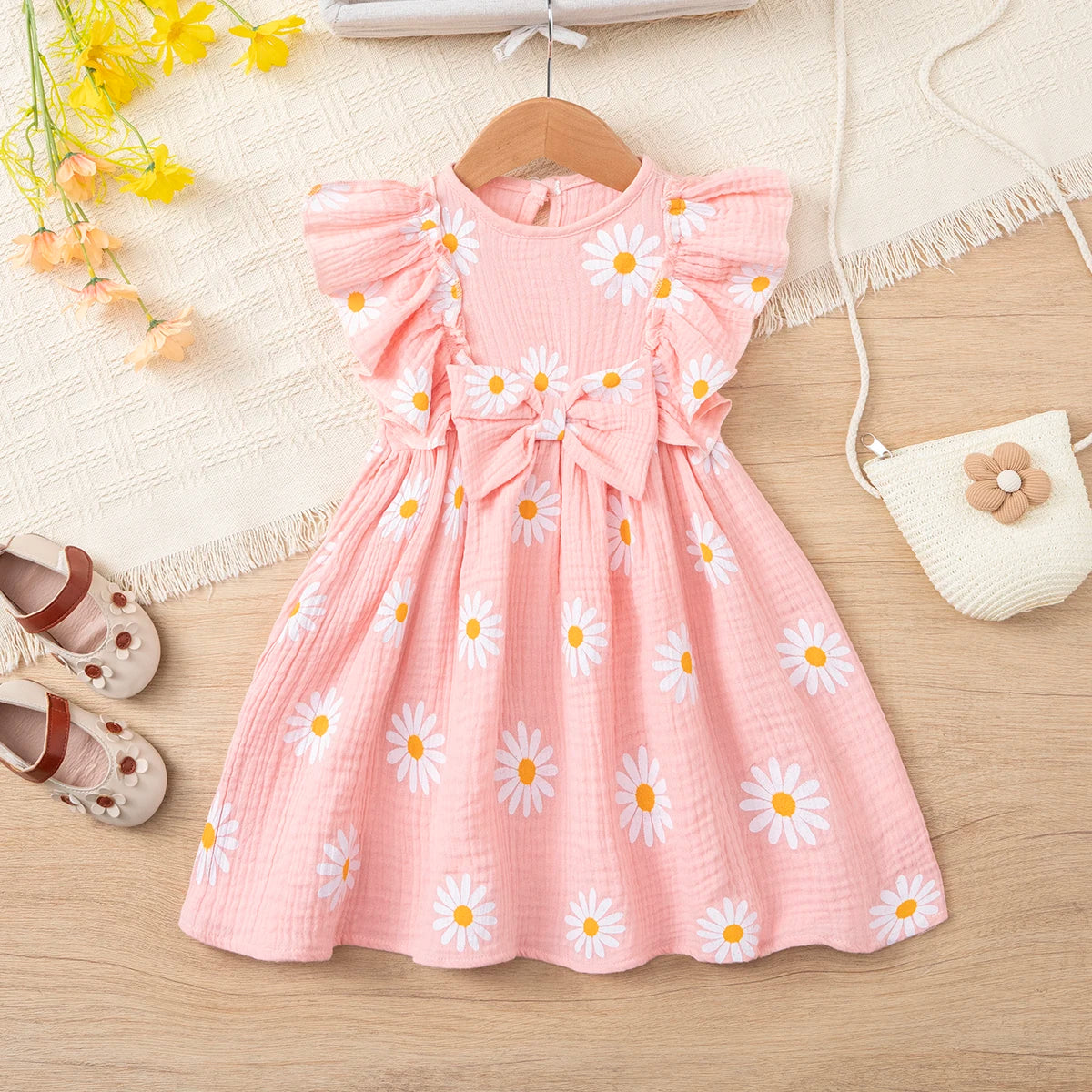 Girls' summer daisy print dress, cotton muslin sweet bowknot dress, ruffle sleeve breathable lightweight dress