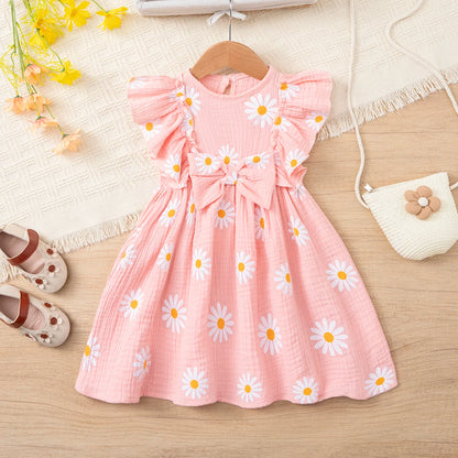 Girls' summer daisy print dress, cotton muslin sweet bowknot dress, ruffle sleeve breathable lightweight dress