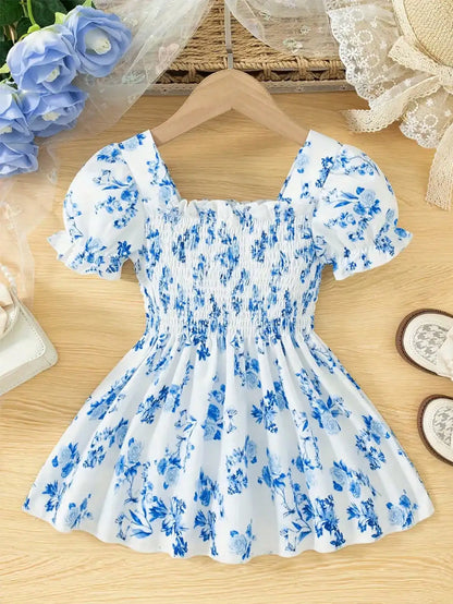 Casual Blue Floral Square Neck Ruffle Dress for Girls Breathable Short-Sleeved Summer Dress Suitable for Daily Wear