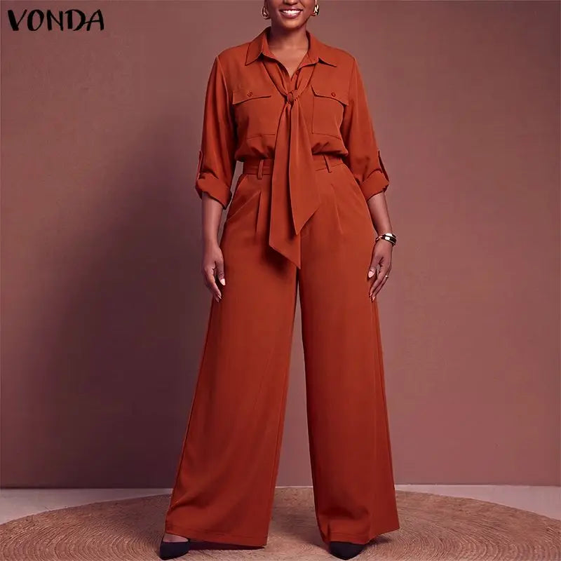 VONDA Plus Size Women Suits Long Sleeve Lapel Neck Tops High Waisted Pants Sets Casual Loose Solid Color Outfits Two-piece