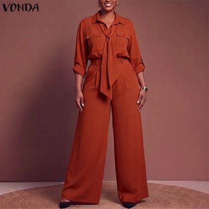 VONDA Plus Size Women Suits Long Sleeve Lapel Neck Tops High Waisted Pants Sets Casual Loose Solid Color Outfits Two-piece