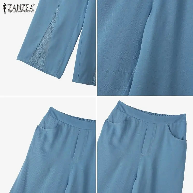 ZANZEA Fashion Lace Patchwork Women Pants Wide Leg Pants Long Trousers Summer Autumn Bottoms S-3XL Streetwear