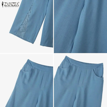 ZANZEA Fashion Lace Patchwork Women Pants Wide Leg Pants Long Trousers Summer Autumn Bottoms S-3XL Streetwear