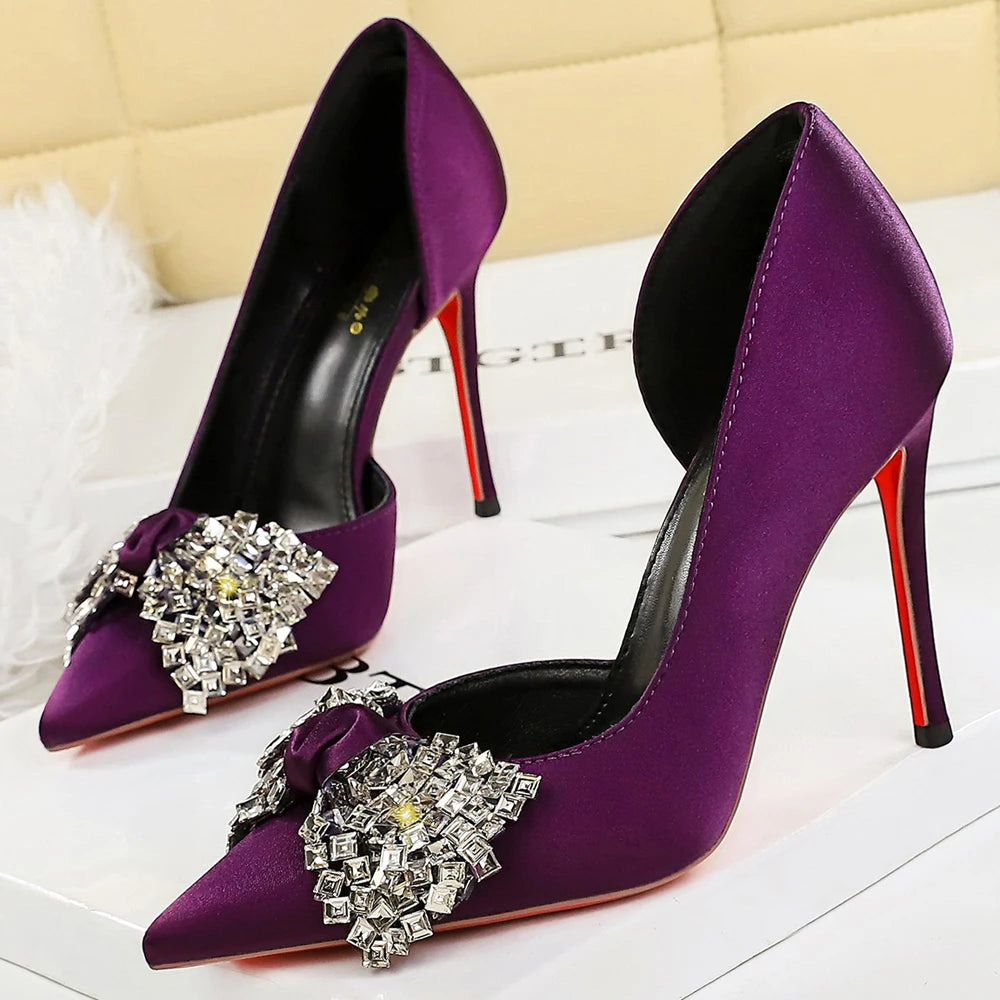 BIGTREE Shoes Rhinestone Bow Women Pumps Silks Satins High Heels Luxury Banquet Shoes Stiletto 7.5 cm 10 cm Sexy Party Shoes