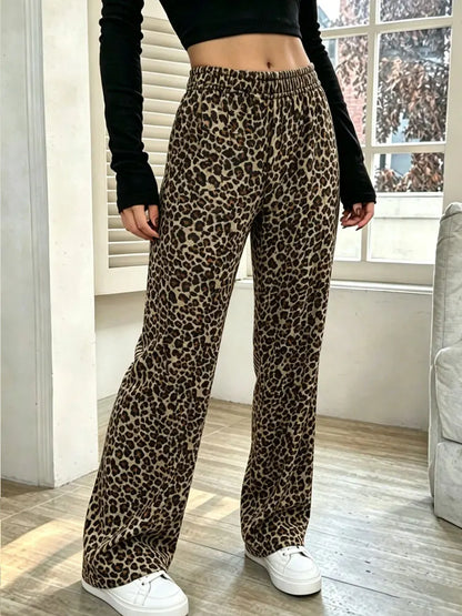 Y2K Womens Leopard Print Wide Leg Casual Pants Stretchy Fashion Retro Soft Straight Leg Leggings New Street Cool Feeling Bottoms