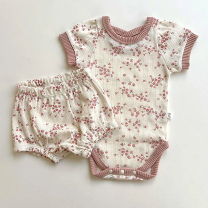TZ2432 New Korean Baby Flower Short Sleeved Set for Women's Baby Thin Cotton Soft Home Short Sleeved Shorts Two Piece Set