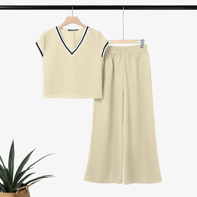 ZANZEA Women Fashion Pant Sets Summer Contrast-Trim Cap Sleeve Short Top & Wide Leg Pant 2 Pieces Sets Casual Pant Suits Outfits