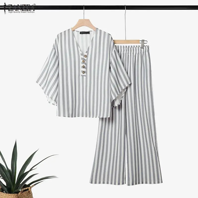 ZANZEA Summer Autumn 3/4 Sleeve Tops Women Pants Sets Fashion V Neck Blusas Wide Leg Pants 2PCS OL Work Party Two-piece Outfits
