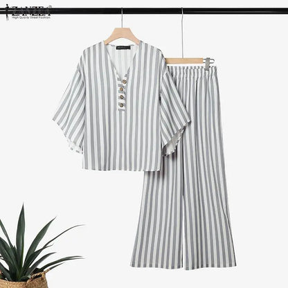 ZANZEA Summer Autumn 3/4 Sleeve Tops Women Pants Sets Fashion V Neck Blusas Wide Leg Pants 2PCS OL Work Party Two-piece Outfits