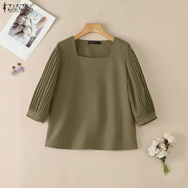 ZANZEA Women Blouses Casual Square Neck Pleated 3/4 Puff Sleeve Solid Color Tops 2026 Summer Everyday Wear Commute Blusas Mujer