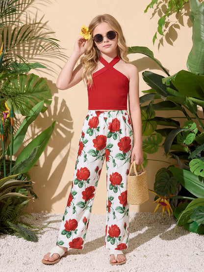 Girls' Summer Vacation Bohemian Red Short Top And Rose Floral Long Pants 2-Piece Set Casual Beachwear for Kids