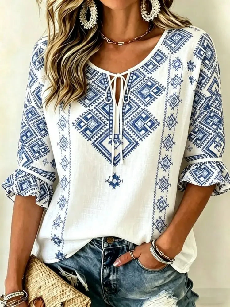Women's White Colorful Floral Embroidered Tie Neck Blouse, Casual Loose Tops for Spring Summer Daily Wear & Vacation Occasions