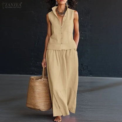 2026 ZANZEA Summer Wide Leg Pant Sets Stylish Lapel Neck Sleeveless Shirt Trousers Suit Women Solid OL Work Outfits 2 Piece Sets