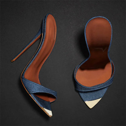 Denim Women Slippers Metal Decoration Pointed Toe Mules Shoes Women Super-high Heel Gladiator Sandals Sexy Luxury Women's Shoes