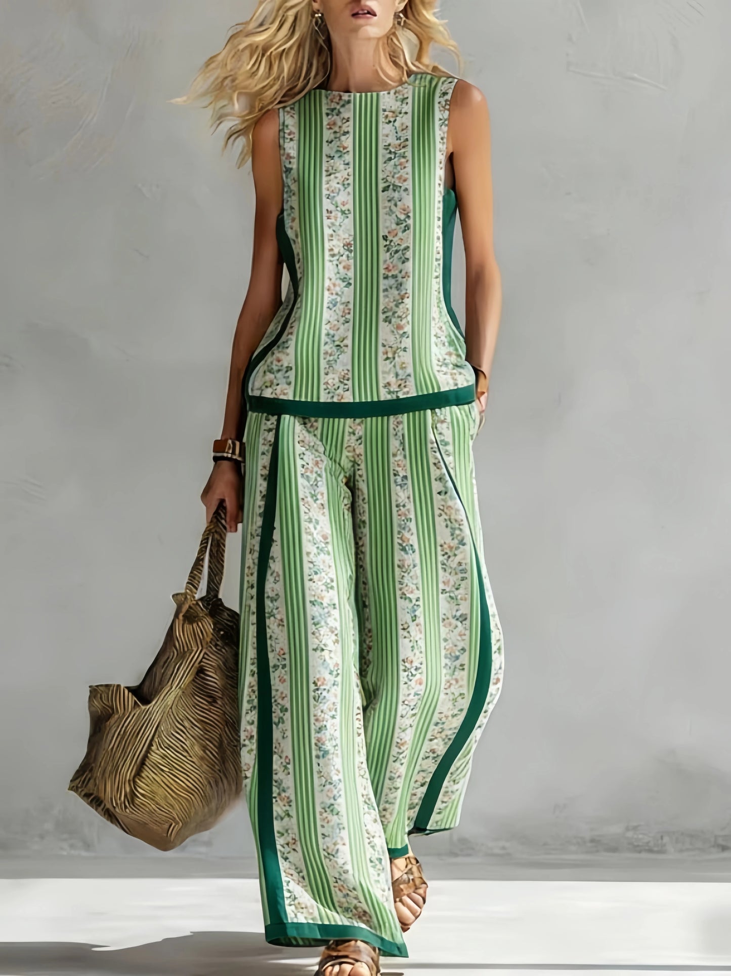 Fashion Retro Printed Sleeveless Tops Trousers 2-piece Set Women's Summer Casual Vest Loose Wide Leg Trousers Female Suit Pocket