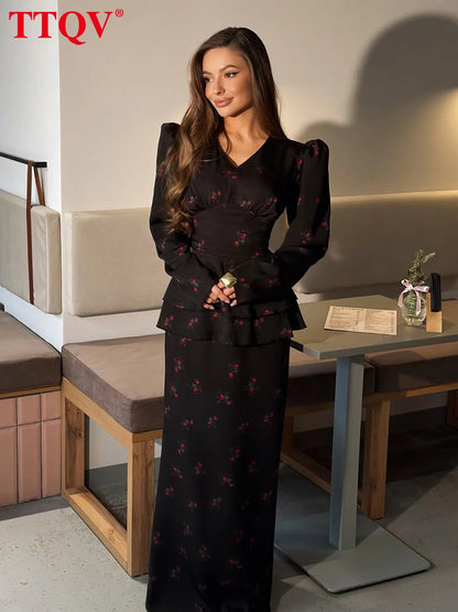 TTQV Fashion Loose Print Women's Dress 2026 Spring V-Neck Long Sleeve Maxi Dresses Elegant Classic High Waist Female Dress