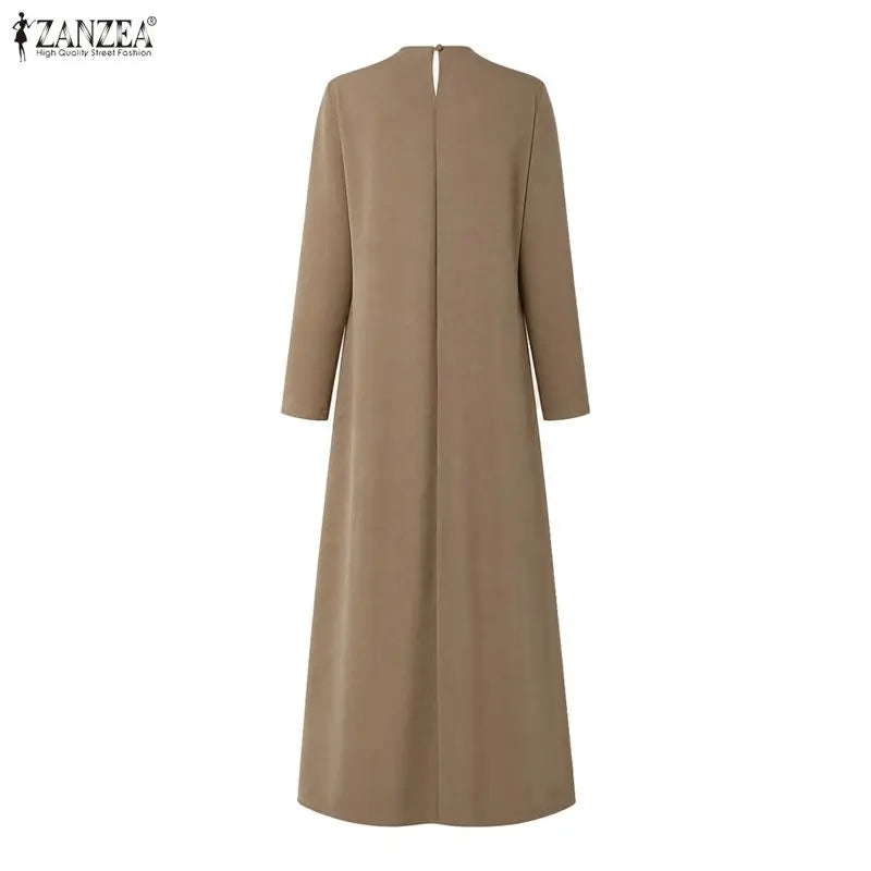 Elegant Muslim Dress Abaya ZANZEA Ramadan Robe Women Casual O Neck Long Sleeve Pleated Dresses Solid Color Baggy Sundress Kaftan