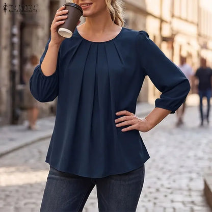 Casual ZANZEA Summer Autumn Women Blouse Elegant 3/4 Lantern Sleeve Pleated O-Neck Solid OL Work Party Tunic Tops Blusas