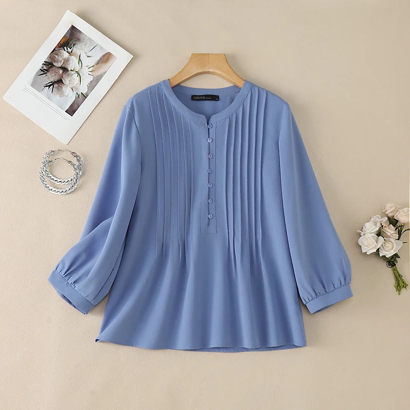 ZANZEA Women Casual Pintuck Blouses Spring Summer O-Neck Half Buttons 3/4 Lantern Sleeve Tops Loose Solid Color Blusas de Mujer