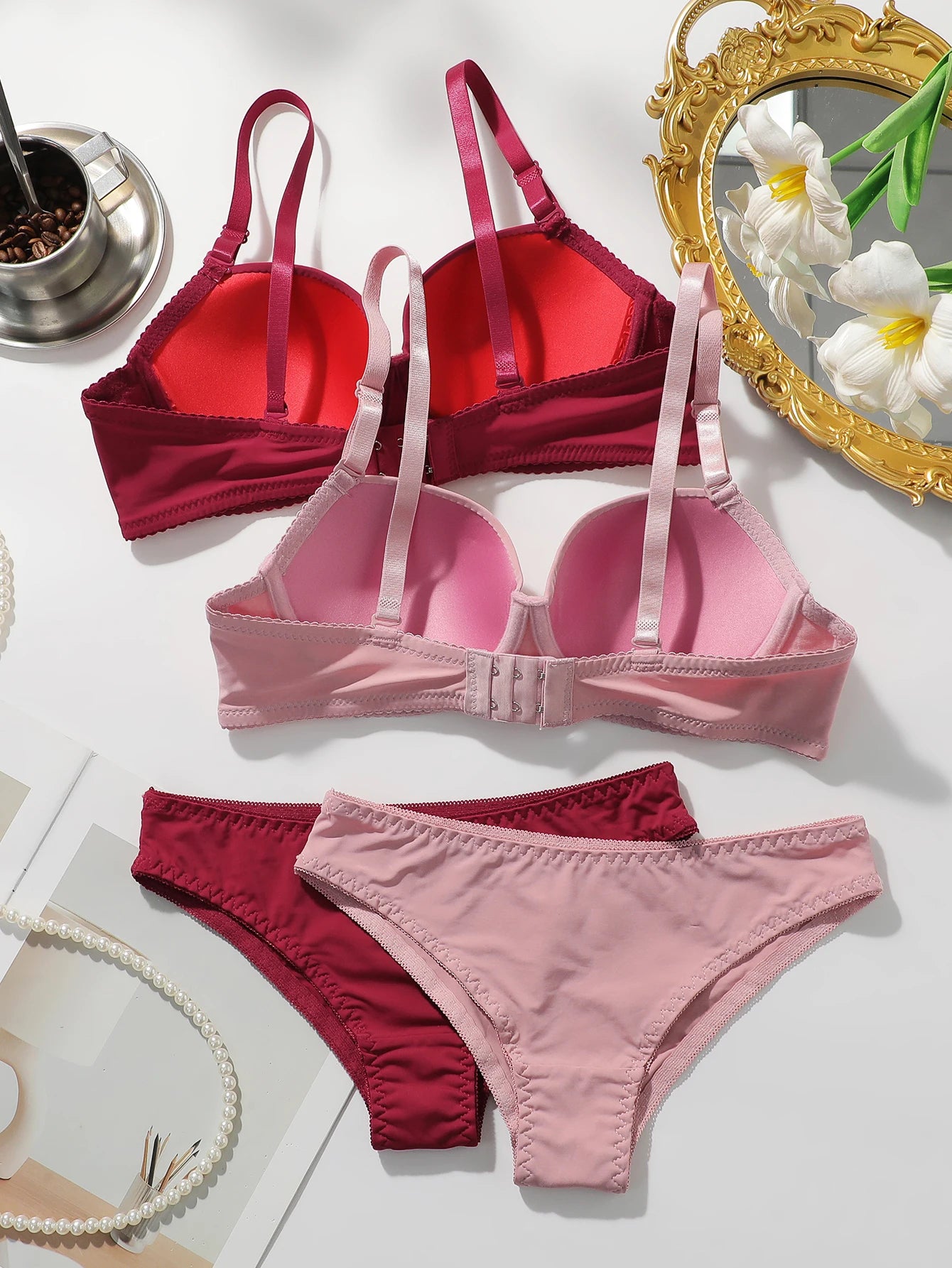 2 Packs Women's Underwire Padded Bra Sets Solid Push Up T-Shirt Bras with Matching Panties Sexy & Comfortable Everyday Lingerie