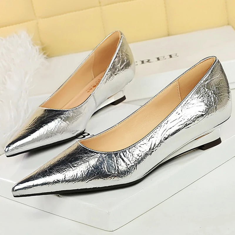 BIGTREE Shoes Women Wedges Shoes Pointed End Women Pumps Comfort Women's Shoes Low-Heel 3 CM Fashion Banquet Shoes Gold Sliver