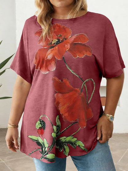 Plus Size Ladies Printed T-Shirt Loose Fit Multi-color Casual Short Sleeve O-Neck Daily Wear Tees