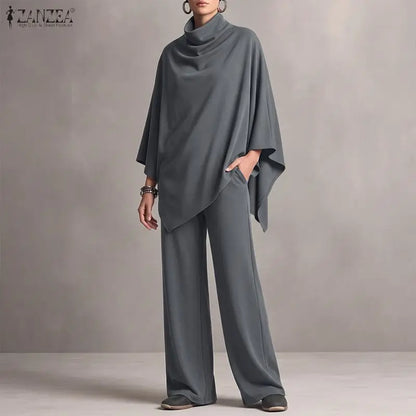 ZANZEA Women Minimalist Pant Sets Autumn Turtleneck 3/4 Sleeve Asymmetrical Hem Blouse & Pant 2pcs Sets Brushed Knit Co-ords