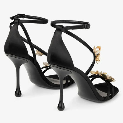 Luxury Gold Flower Decoration Ankle-Wrap Heeled Sandals Women Summer Sexy Square Toe High Heels Elegant Banquet Wedding Shoes