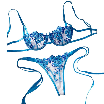 Romantic Lingerie Sexy Woman Underwear Floral Embroidery Bra Kit Push Up Mesh Sexy Outfits Transparent Underwear Erotic Bilizna