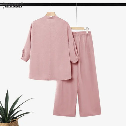 ZANZEASummer  Elegant Stand Neck 3/4 Sleeve Blouse Trousers Suit Women Outfits Casual Solid OL Work Tracksuit 2 Pieces Pant Sets