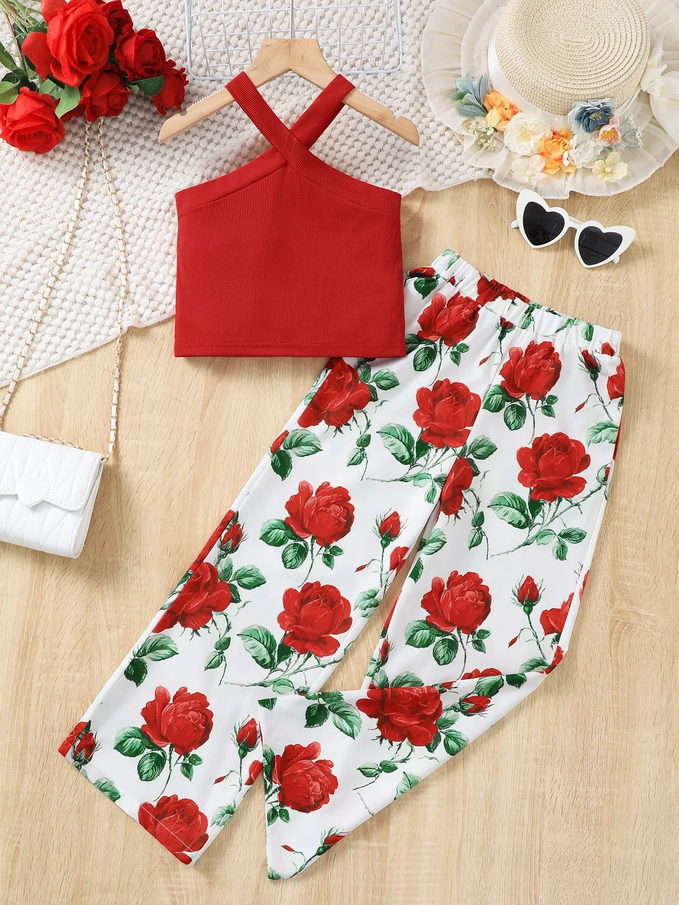 Girls' Summer Vacation Bohemian Red Short Top And Rose Floral Long Pants 2-Piece Set Casual Beachwear for Kids