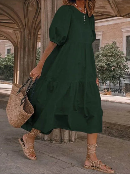 Summer New Solid Color Short Sleeved Loose For Women's Dresses Fashion Casual Patchwork Retro Beach Holiday Maxi Female Sundress