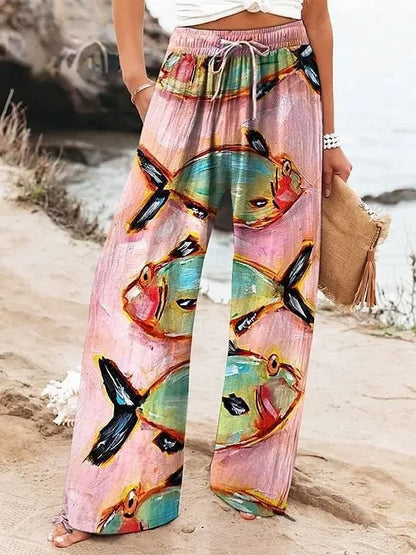 Women's New High Waist Loose Casual Wide Leg Print Pants Summer Beach EU US Style Comfy Flowy Trousers