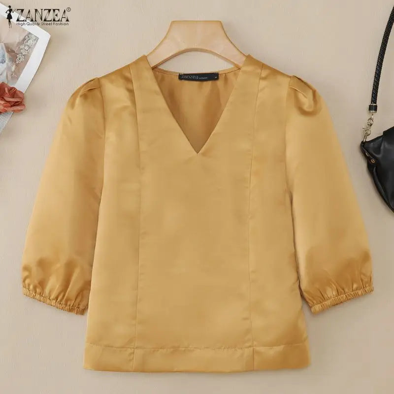 ZANZEA Women's Elegant Satin Short Blouses Summer 3/4 Lantern Sleeves V-Neck Tops Sophisticated Solid Color Blusas de Mujer