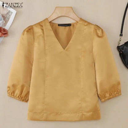 ZANZEA Women's Elegant Satin Short Blouses Summer 3/4 Lantern Sleeves V-Neck Tops Sophisticated Solid Color Blusas de Mujer