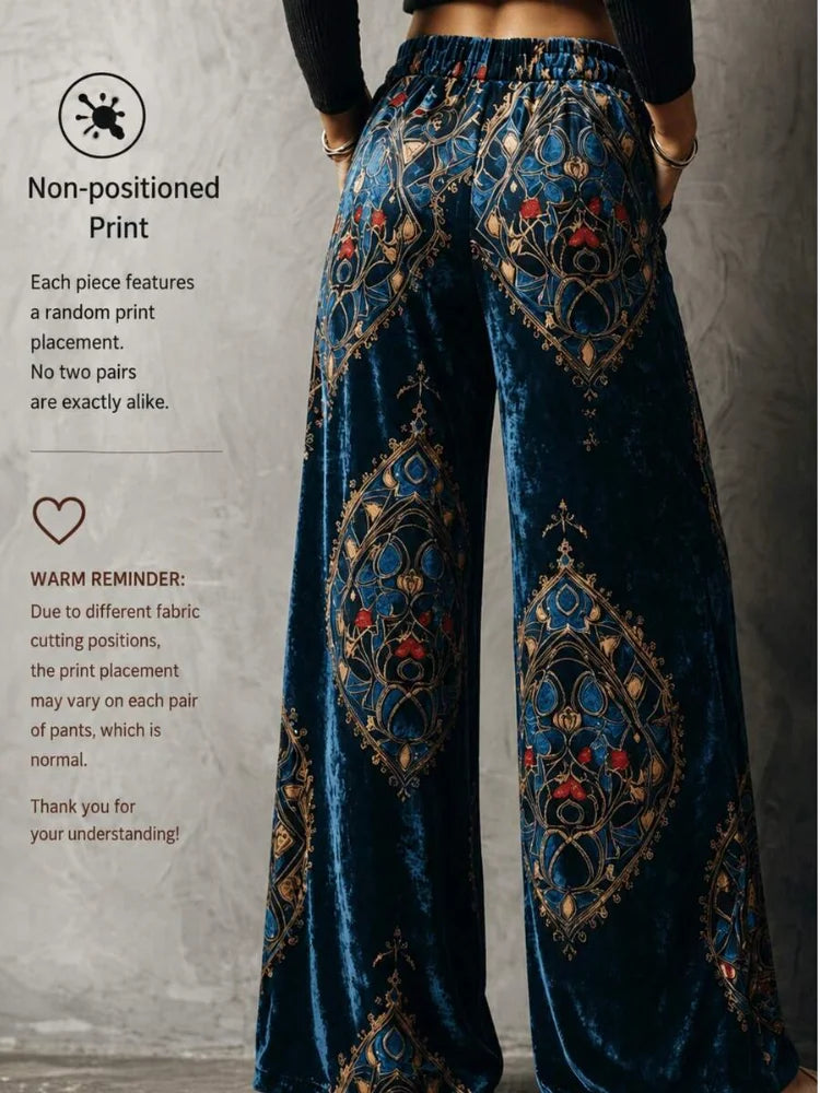New women's velvet wide-leg pants - high-waisted, thick, soft and elastic, providing good warmth. Blue-green retro oriental geometric print, Bohemian style pocket design. Luxurious pants, suitable for festival parties, office