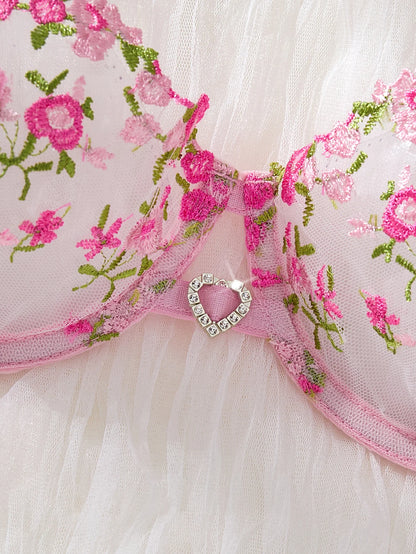 Pink Floral Embroidery Lingerie Set 2PCS Sheer Mesh Bra & Panty Women Sexy Underwear Gift ZA8240236