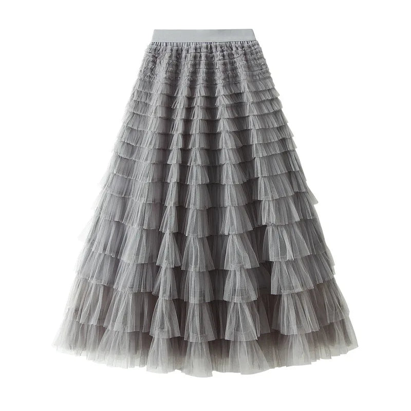 HOT Solid Multilayer Ruffle Mesh Skirt Women Boho High Waist Long Maxi Tulle Skirt Spring Summer Party Women's Clothing