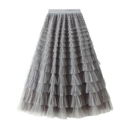 HOT Solid Multilayer Ruffle Mesh Skirt Women Boho High Waist Long Maxi Tulle Skirt Spring Summer Party Women's Clothing