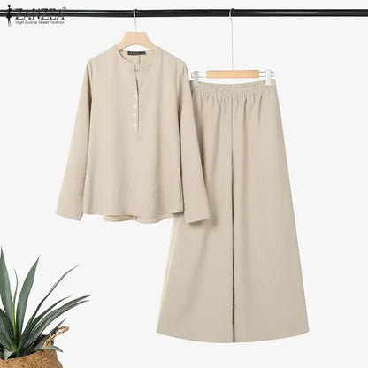 2026 ZANZEA Spring 2 Piece Sets Fashion Women Long Sleeve Tops Pants Sets Casual Solid Outfits Work Tracksuit Wide Leg Trousers