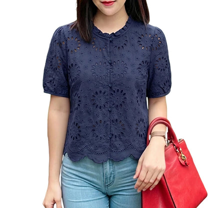 ZANZEA Woman Summer Embroidered Eyelet Cropped Shirts Elegant Ruffled Trim O-Neck Puff Short Sleeve Button Up Blouses Casual Top